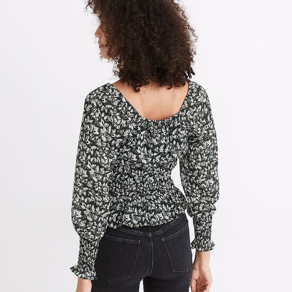 Madewell | Georgette Square-Neck Smock-Waist Top in Forest Leaves - Picture 5 of 6